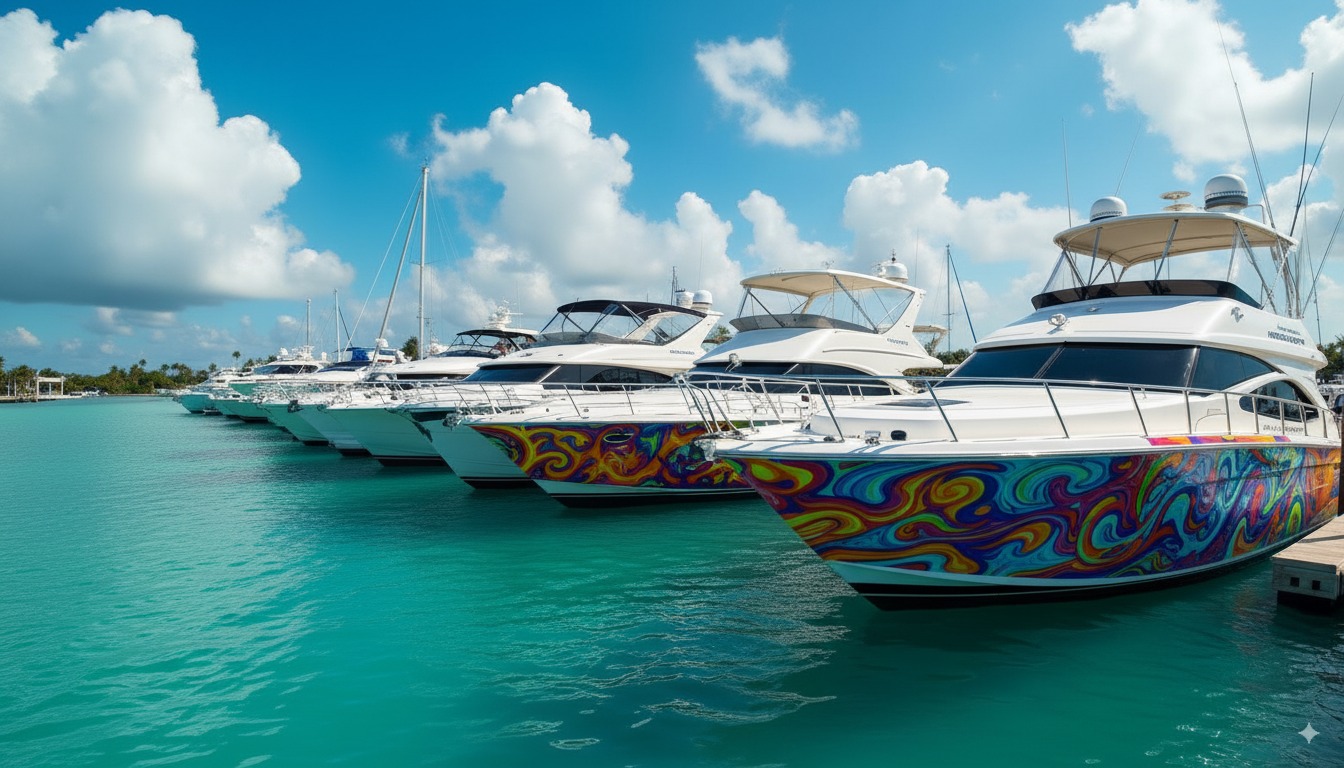 Custom vinyl stickers and decals on boats in Daytona marina